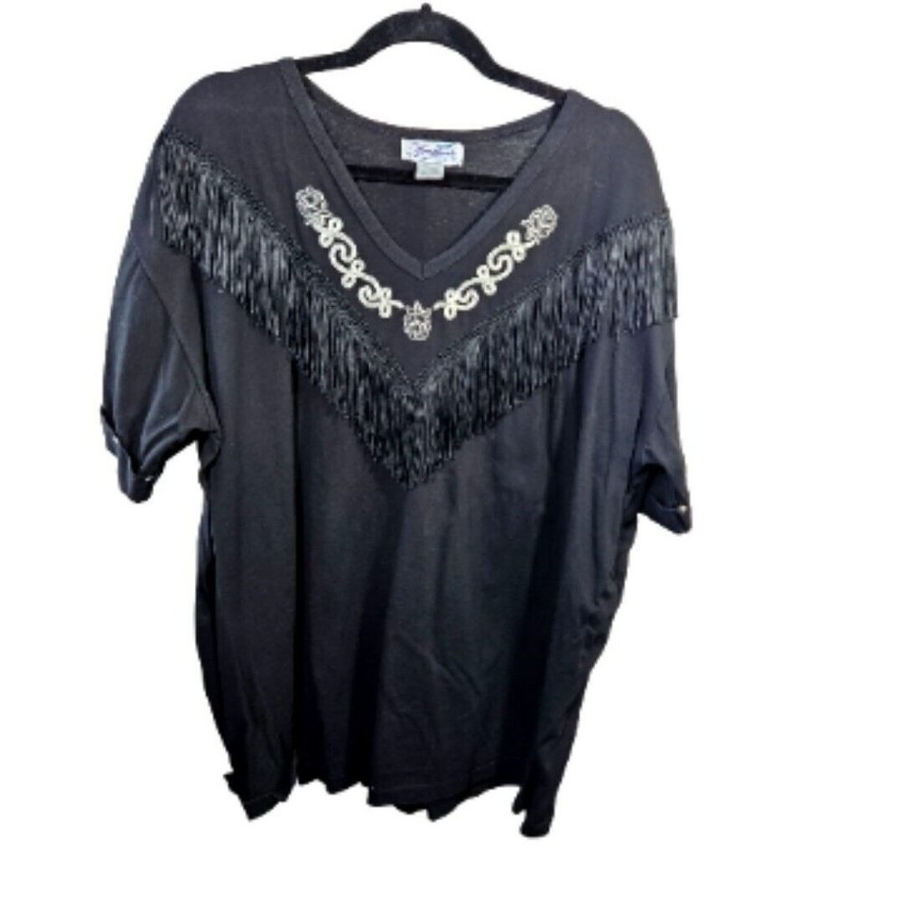 Vintage Hazelwoods Southwestern Rodeo Shirt Womens XL Black Fringe Embroidered